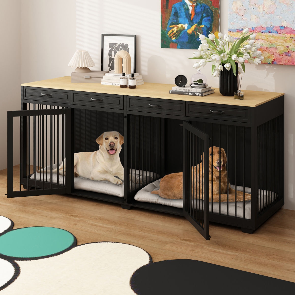 Homsee Dog Crate Furniture, 92.9 in. Wooden Dog Crate Kennel with 4 Drawers