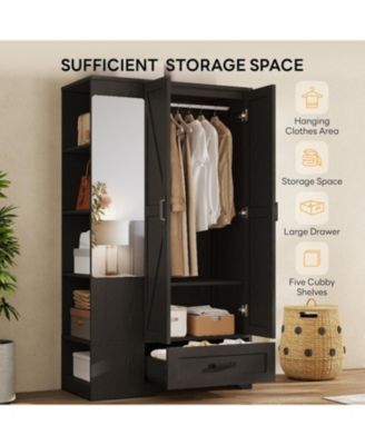 Black Armoire Wardrobe Closet 70 Inches with Mirror, 2 Doors, Drawer, and Shelves