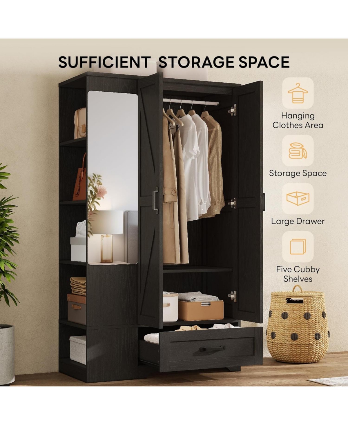 Likimio Black Armoire Wardrobe Closet 70 Inches with Mirror, 2 Doors, Drawer, and Shelves