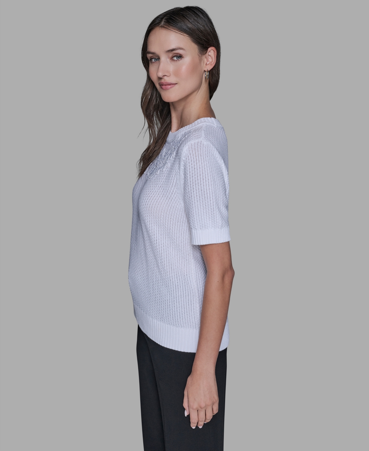 Karl Lagerfeld Paris Women's Crewneck Floral Trimmed Sweater