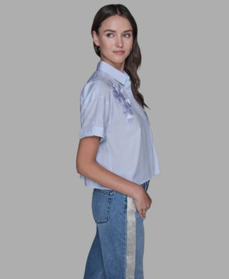 Women's Short-Sleeve Striped Floral Poplin Blouse