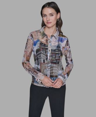 KARL LAGERFELD PARIS - Women's Long-Sleeve Collared Blouse