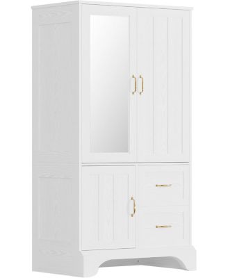 White Wardrobe Closet with Mirror and Doors, Drawers and Shelves, Wooden Armoire Storage Cabinet with Hanging Rod for Bedroom