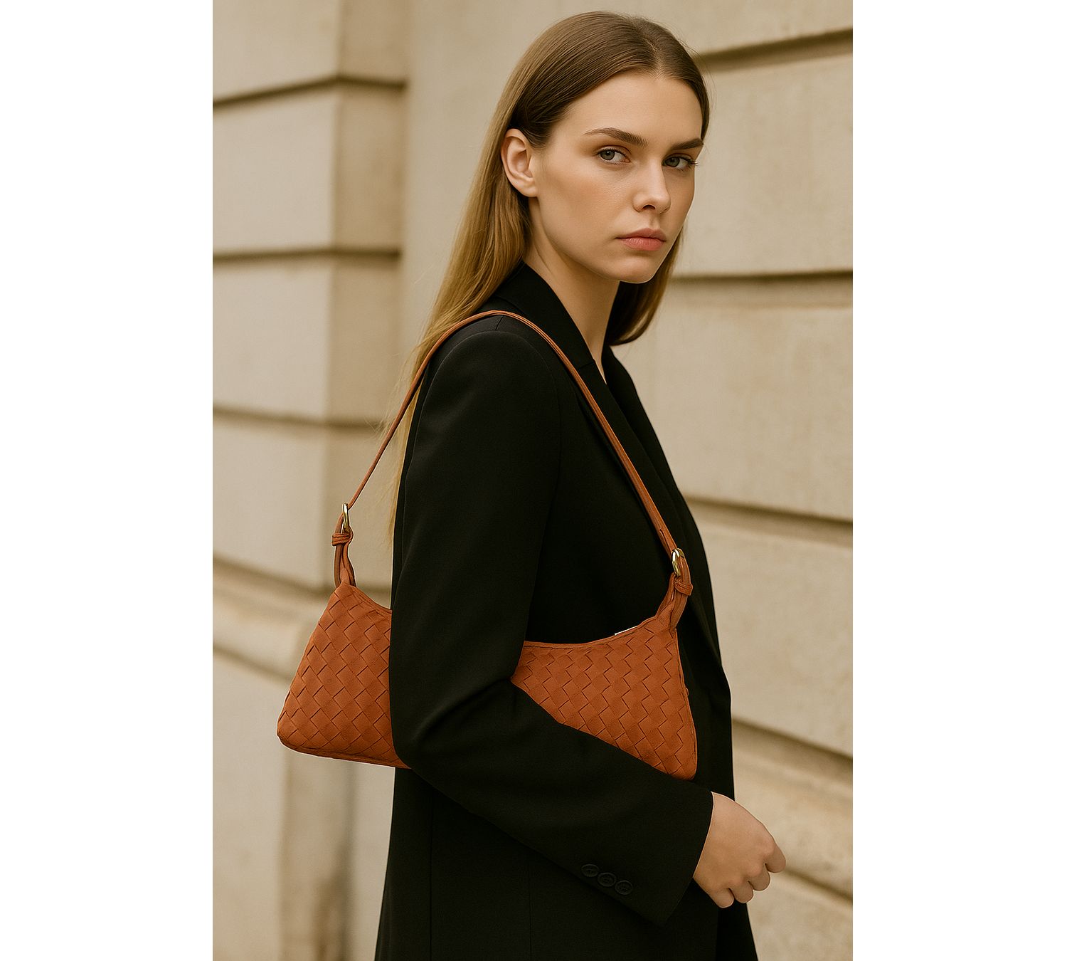 Woven Suede Baguette Bag with Crossbody Strap