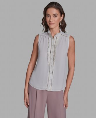 Women's Sleeveless Button Front Ruffle Top