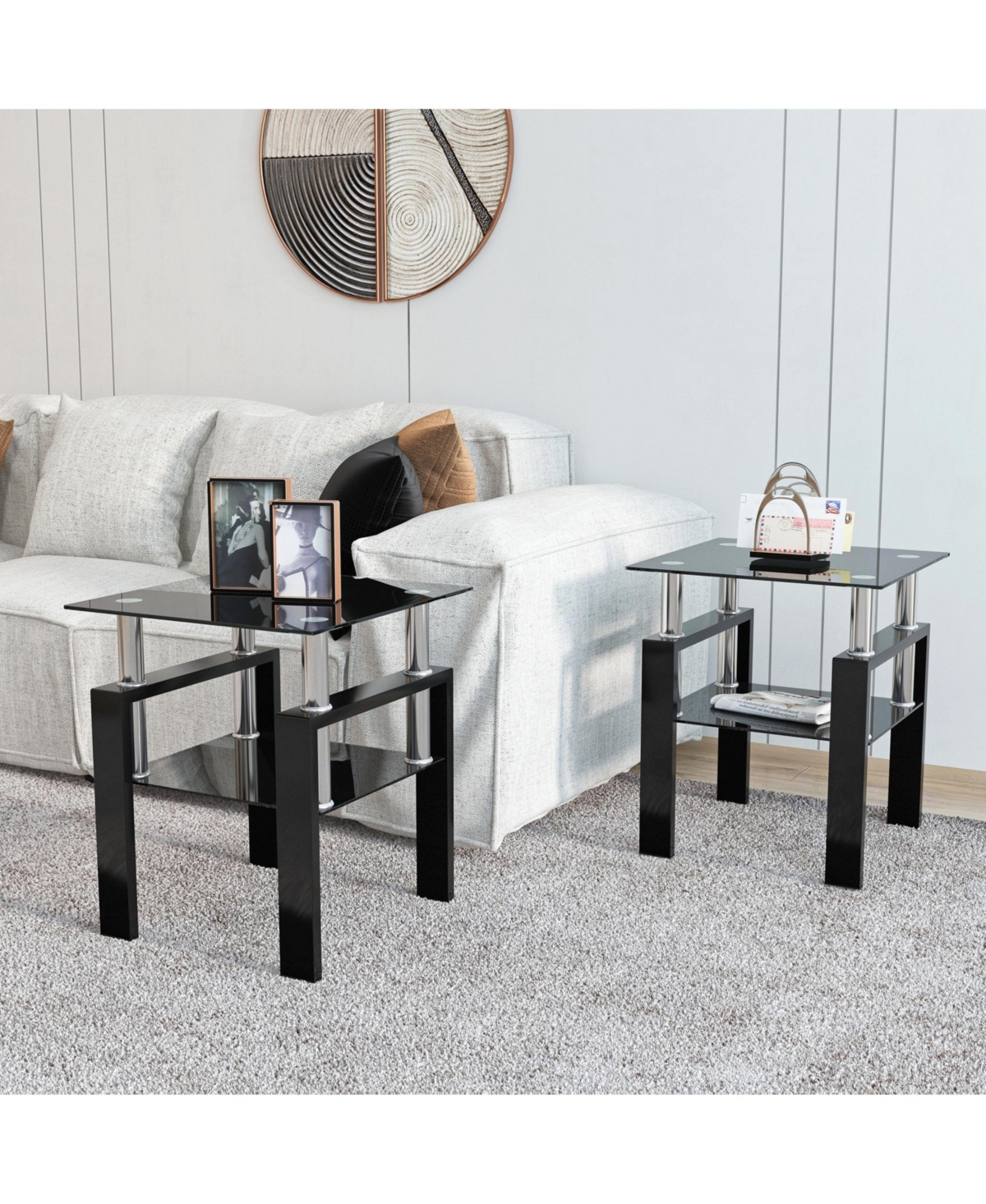 sumyeg Set of 2 Modern Square Tempered Glass Coffee Tables with Solid Frame