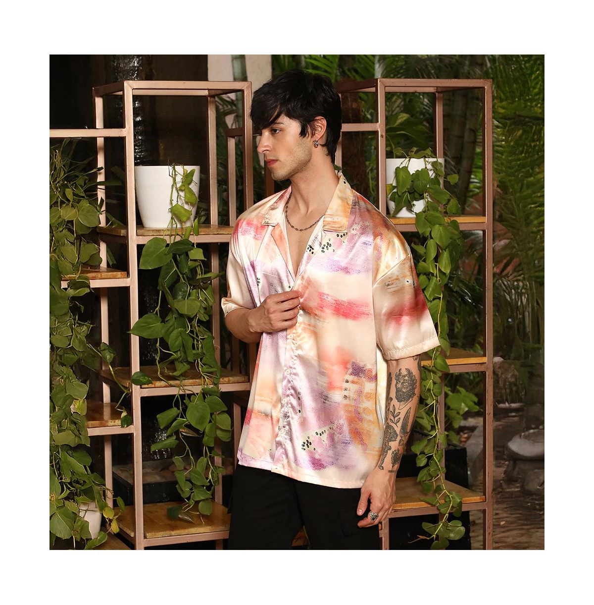 Campus Sutra Men's Cantaloupe Orange & Amethyst Purple Abstract Sheen Oversized Shirt