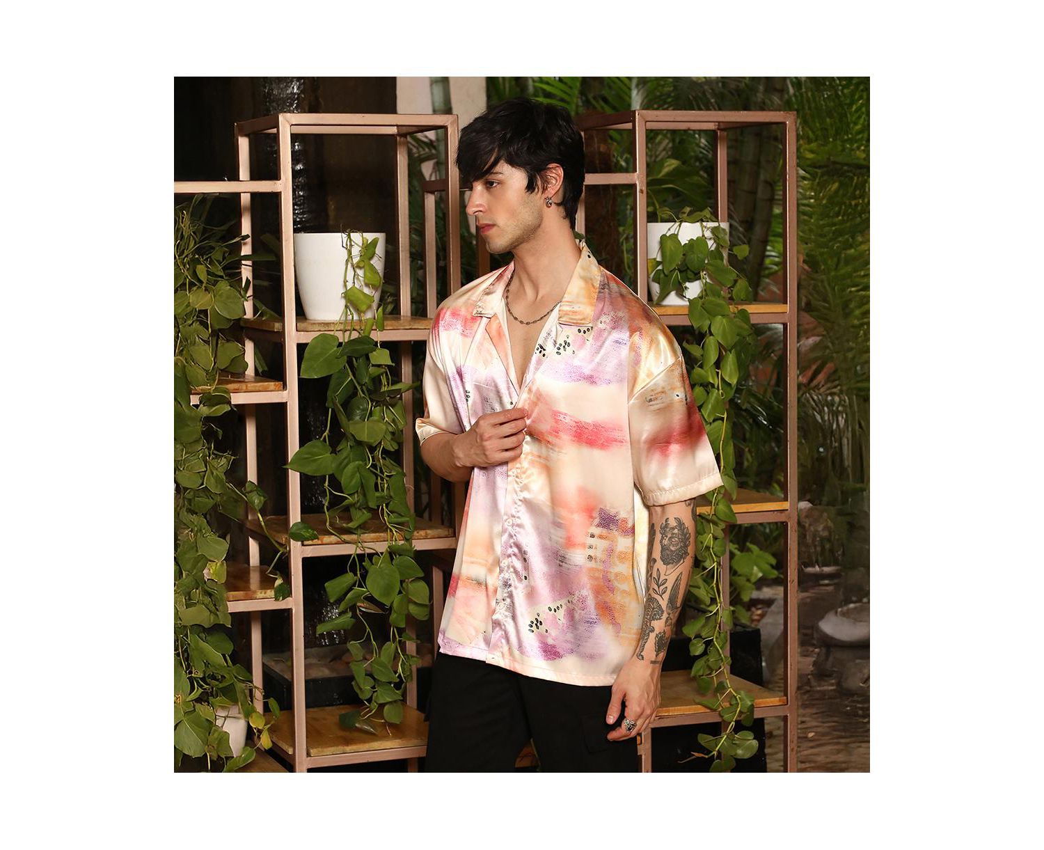 Men's Cantaloupe Orange & Amethyst Purple Abstract Sheen Oversized Shirt