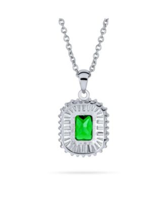 Art Deco Jewelry Green CZ Pendant Necklace & Baguette Cubic Zirconia Halo Stud Earrings Jewelry Set