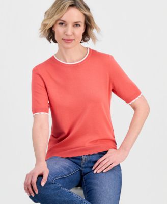 Nautica Women's Scallop-Trim Short Sleeve Crewneck Sweater
