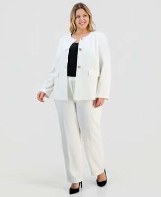 Plus Size Stretch Crepe Button-Front Jacket & Straight-Leg Pants 