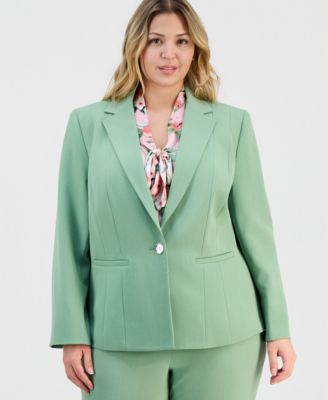 Plus Size Stretch-Crepe Single-Button Seamed Jacket, Floral-Print Tie-Neck Sleeveless Top & High-Rise Stretch Crepe Pants