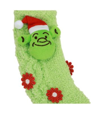 Women's Plush Santa Head Green Chenille Crew Socks6g