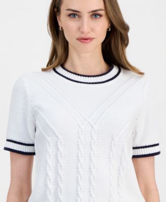 Women's Cotton Short-Sleeve Traveling Cable-Knit Sweater