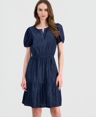 Women's Chambray Puff-Sleeve Tiered Dress