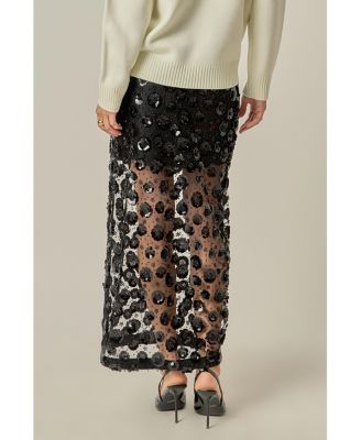 Women's Flower Sequin Sheer Midi Skirt