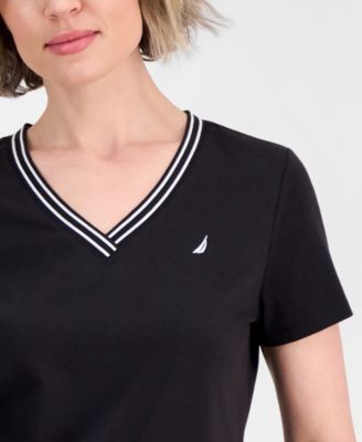 Women's Solid Stripe-Trim V-Neck