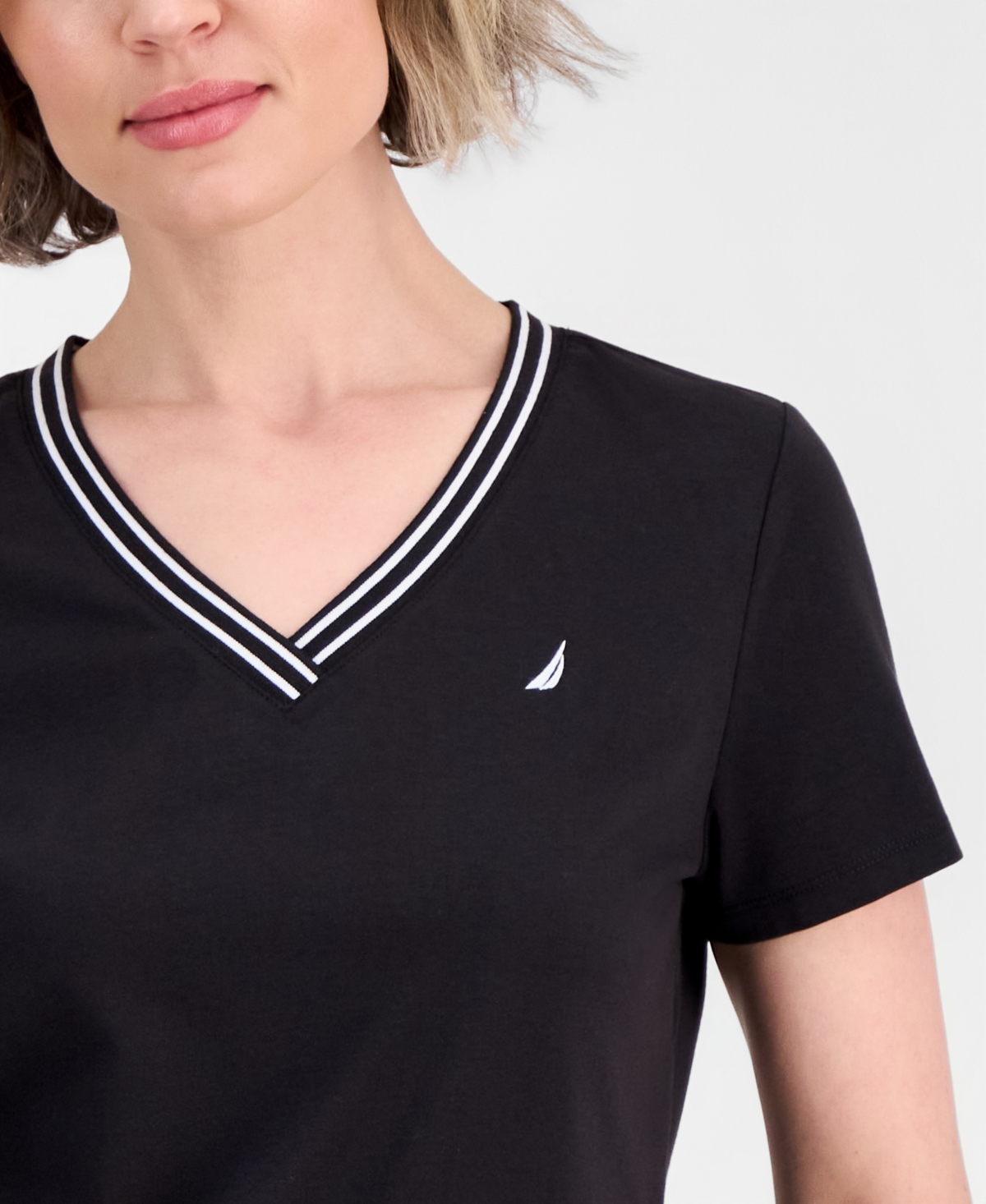 Nautica Jeans Women's Solid Stripe-Trim V-Neck