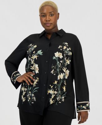 Plus Size Placement-Print Button-Front Shirt