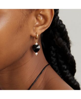 Black Heart Drop Earrings with Freshwater Pearls and Gold Hoops