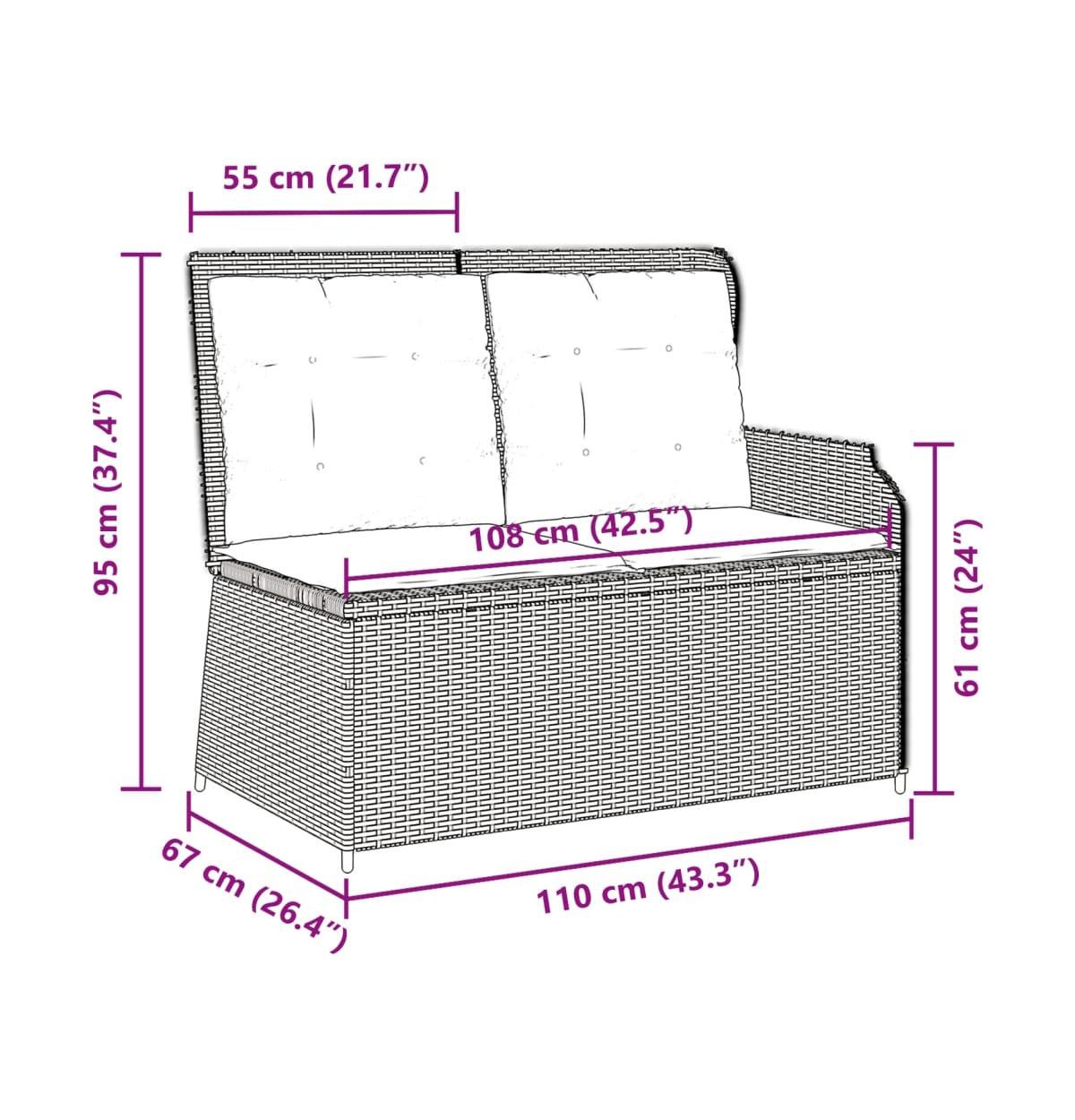 vidaXL Reclining Patio Bench Grey Pe rattan Standard outdoor bench size