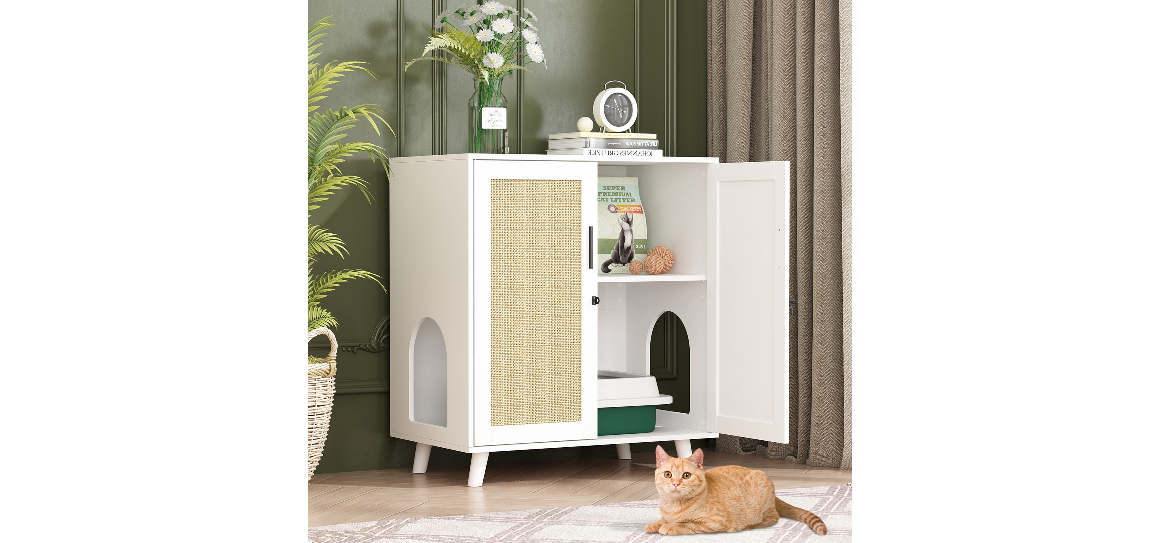 Modern Cat Litter Box Enclosure, White Hidden Litter Box Furniture Cat Washroom Storage With Lock Sisal Door for Rooms