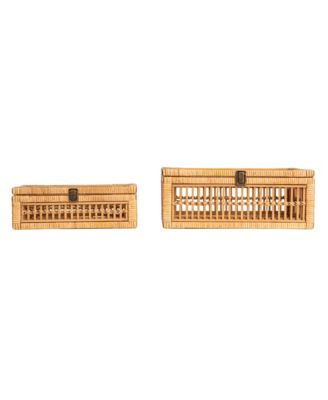 Rattan and Bamboo Nestable Storage Boxes with Glass Lids, Set of 2