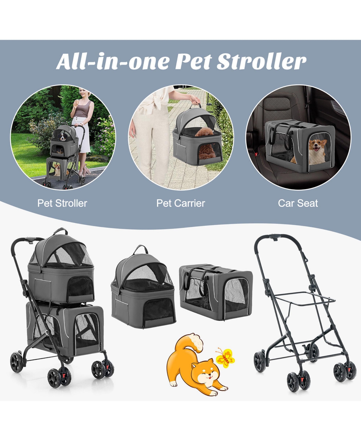 Gymax Double Pet Stroller for 2 Dogs or Cats w/ 2 Detachable Carriers Safety Belt