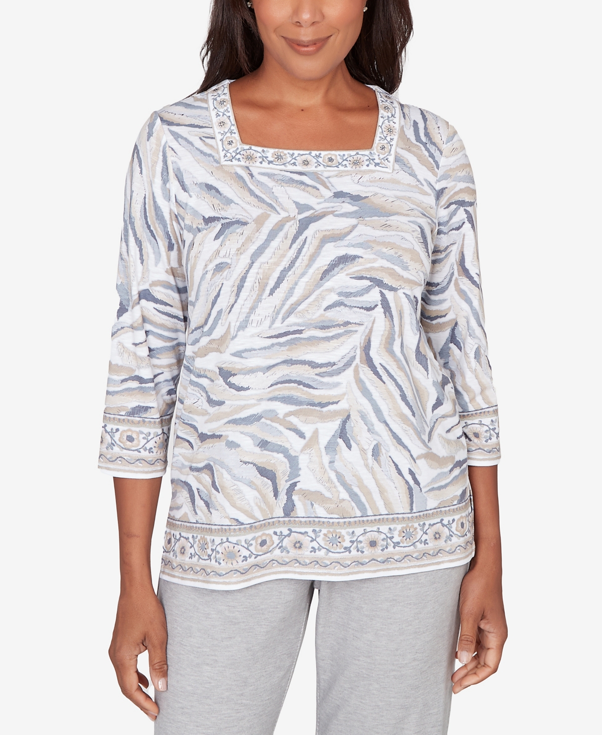 Alfred Dunner Women's Comfort & Joy Square Neck Animal Print Border Top In White