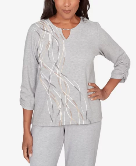 Petite Comfort & Joy Metallic Swirl Embroidered Split Neck Top - Gray