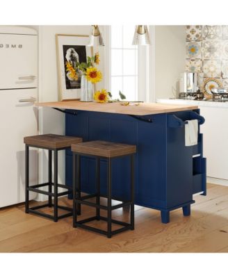 Farmhouse Kitchen Island Set with Drop Leaf and 2 Seatings,Dining Table Set with Storage Cabinet, Drawers and Towel Rack