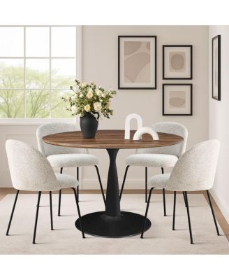 5-Piece Modern Dining Set with Upholstered Chairs and Round Walnut Table, Black Metal Base, Space-Saving Kitchen Set for 4