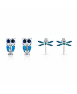 Set of 2  Opal Dragonfly and Owl Stud Earrings Set