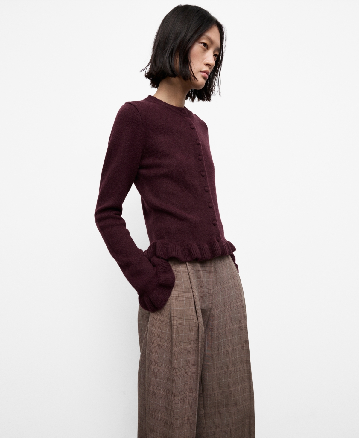 Mango Women's Ruffle Knit Cardigan In Burgundy