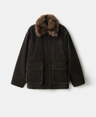 MANGO - Women's Fur-Effect Collar Velvet-Finish Parka