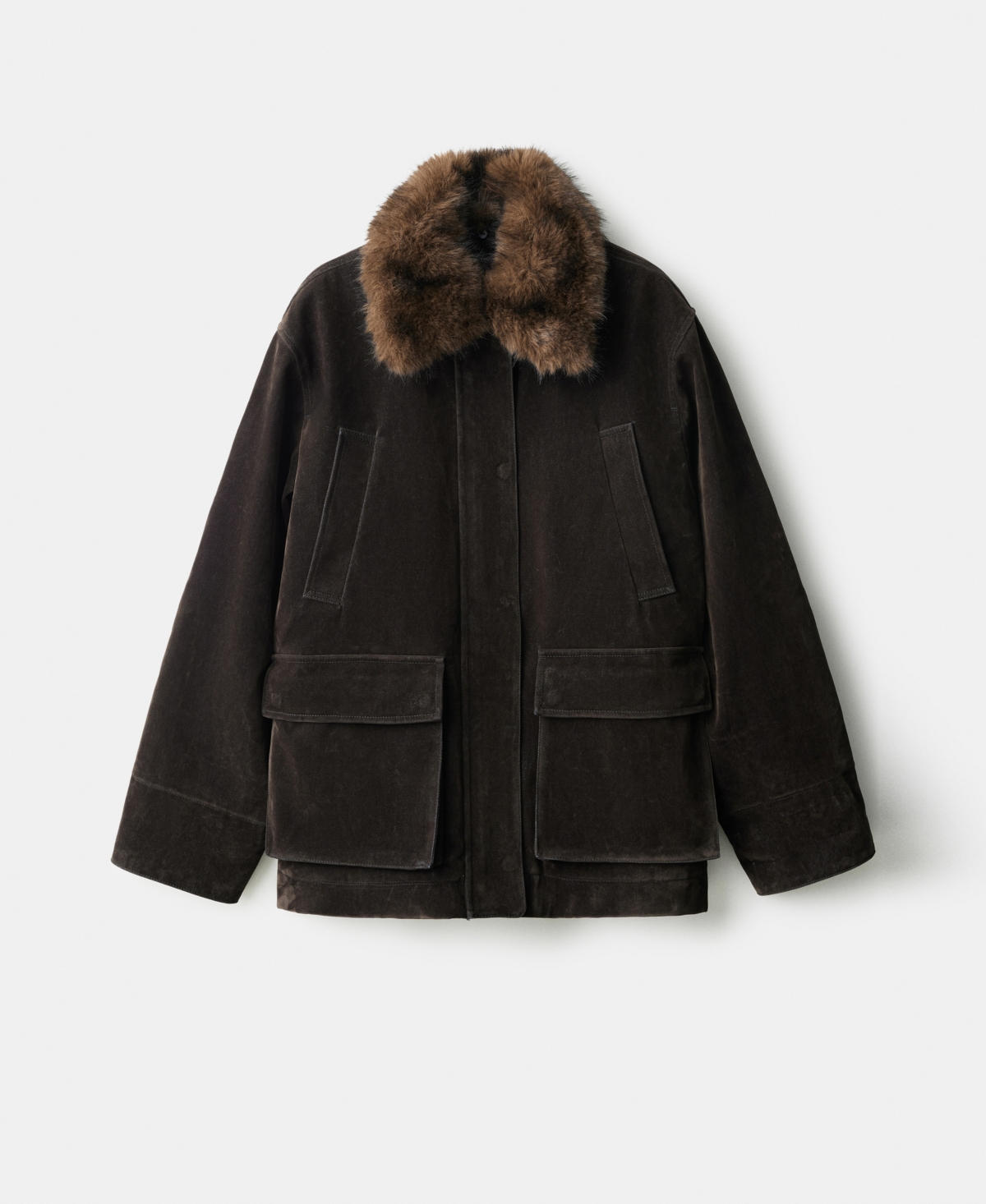 Mango Women's Fur-effect Collar Velvet-finish Parka In Brown