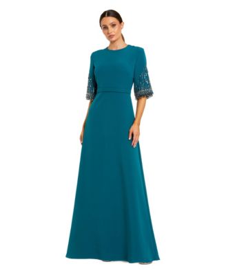 Women's Beaded 3/4 Sleeves Crepe A Line Gown