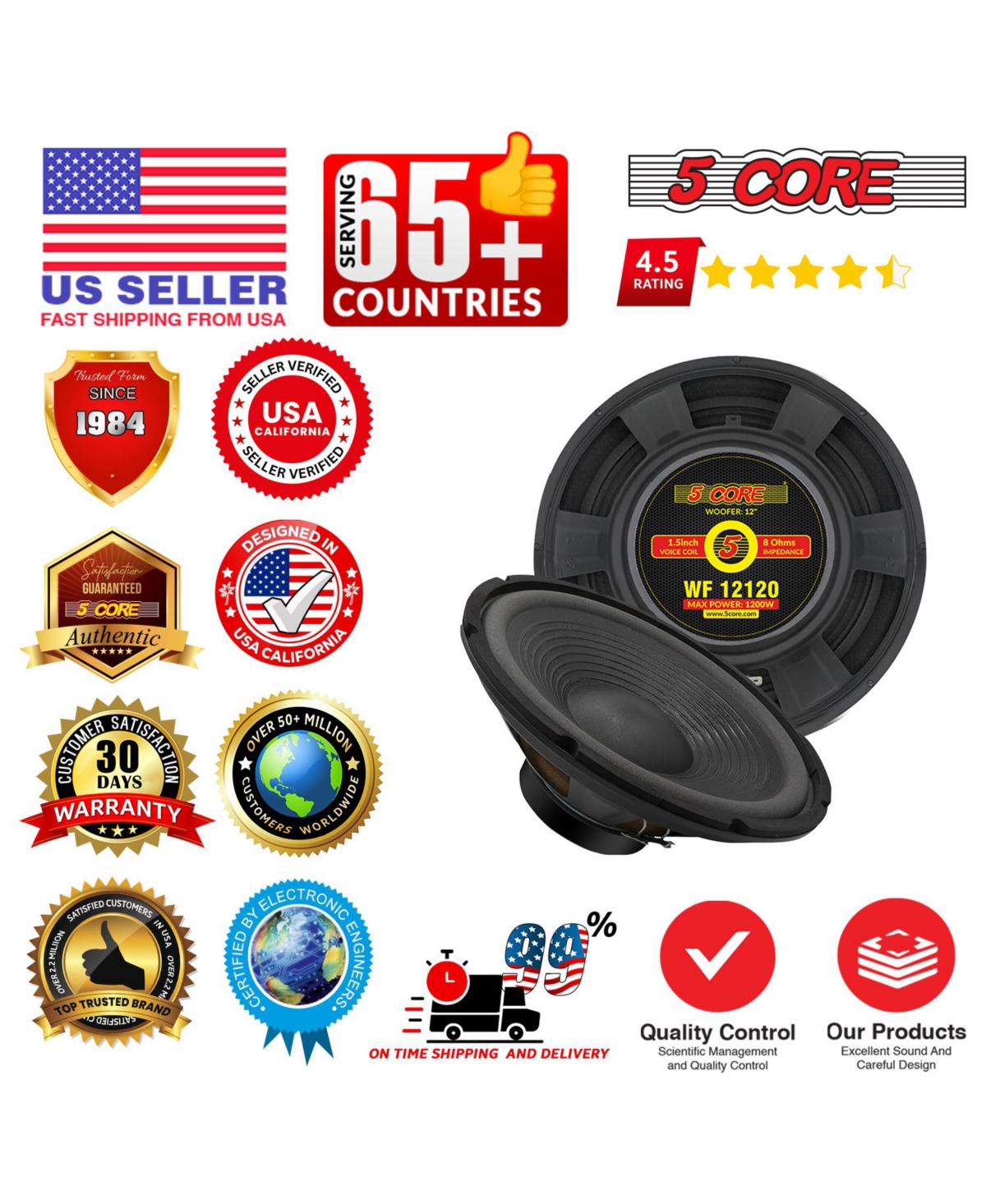 5 Core 12" Subwoofer 120W Car Audio Sub Woofer 8 Ohm Deep Bass Replacement Component Loud Speaker