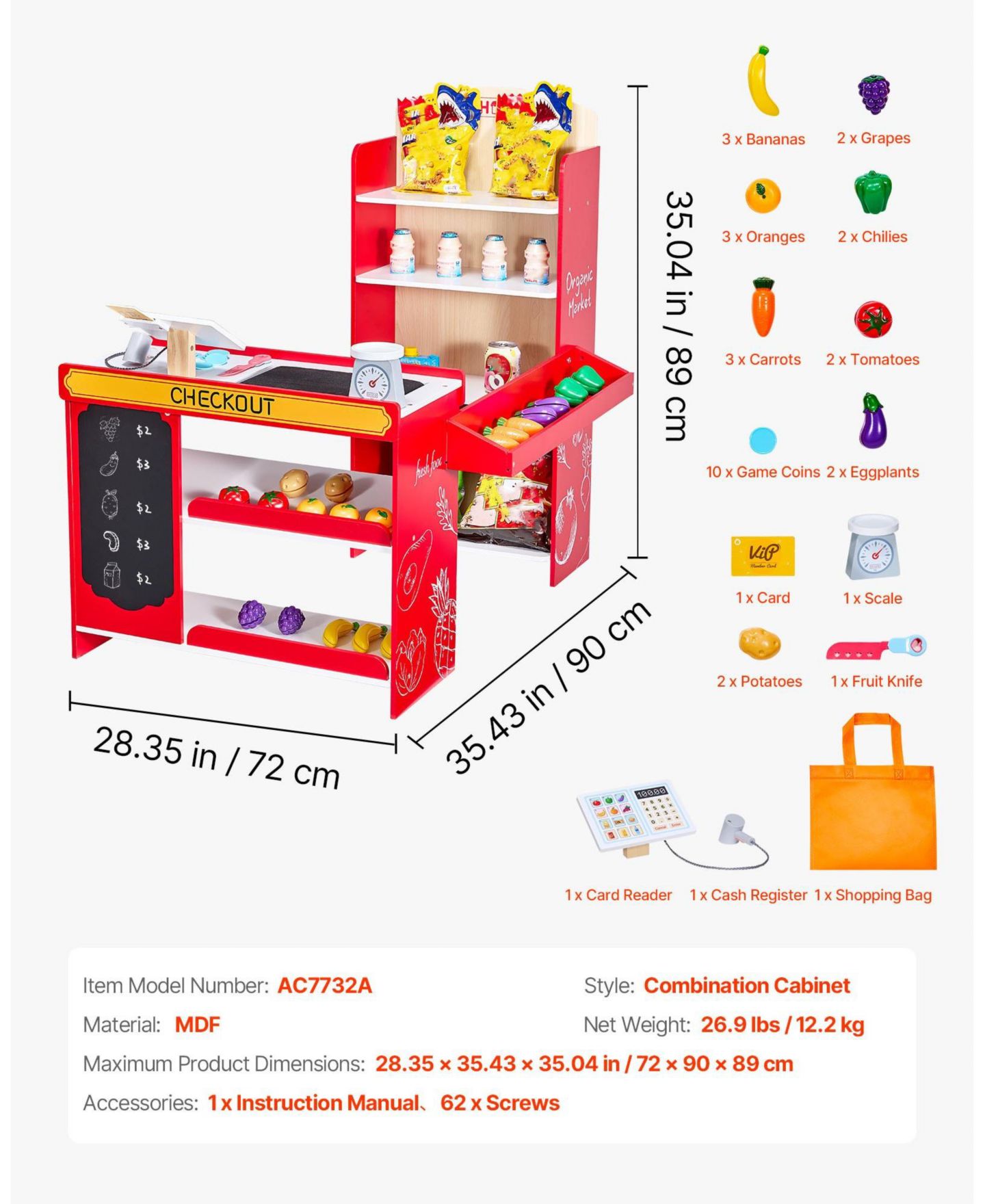 Детский игровой набор Mecale Grocery Store Wooden 35-Piece Playset with Working Conveyor Belt, Ages 3+, цвет: Красный — фото 9