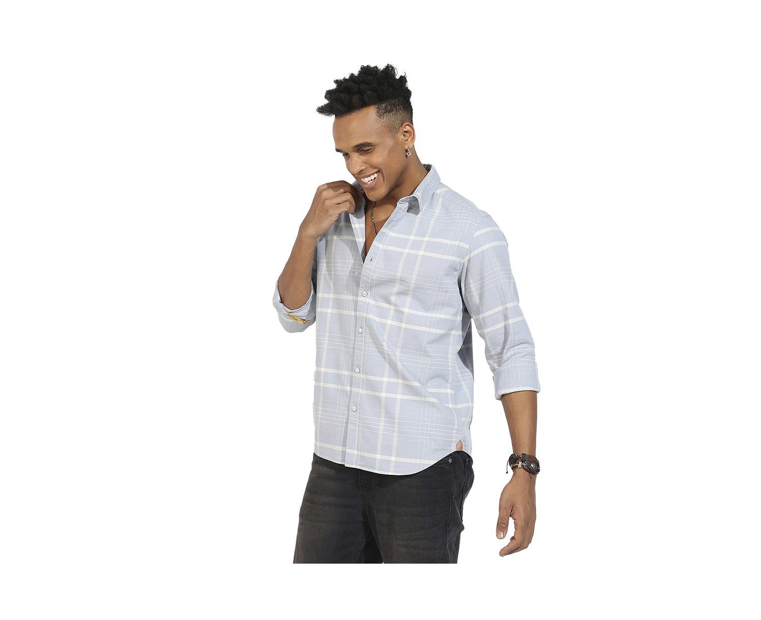 Men's Light Grey Contrast Tartan Plaid Shirt.