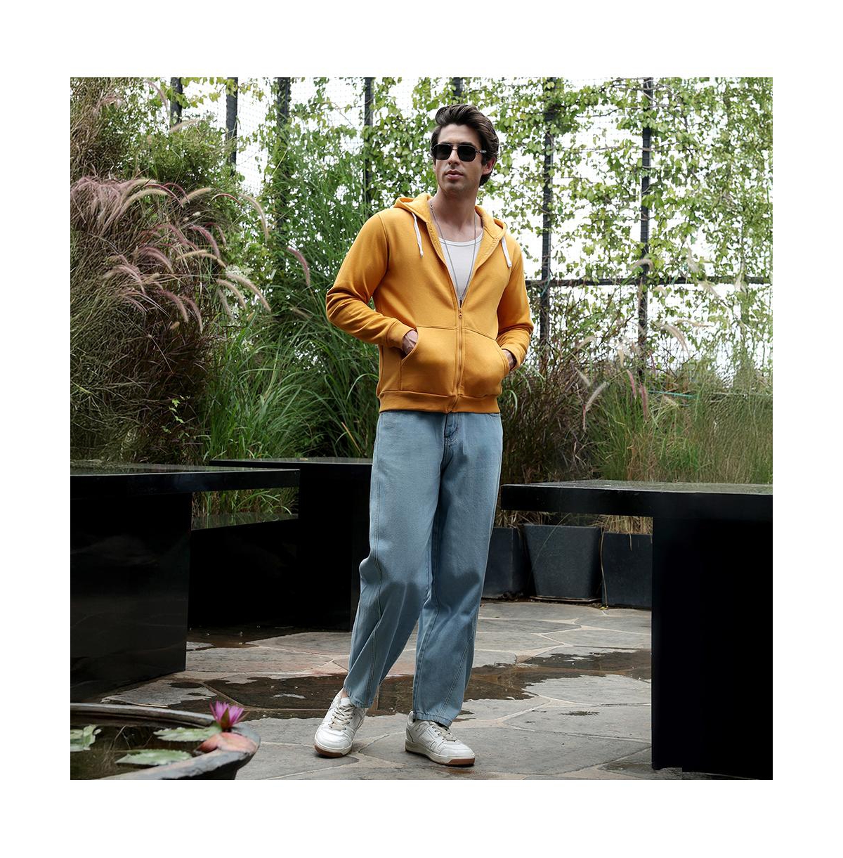 Campus Sutra Men's Mustard Yellow Zip-Front Regular Hoodie