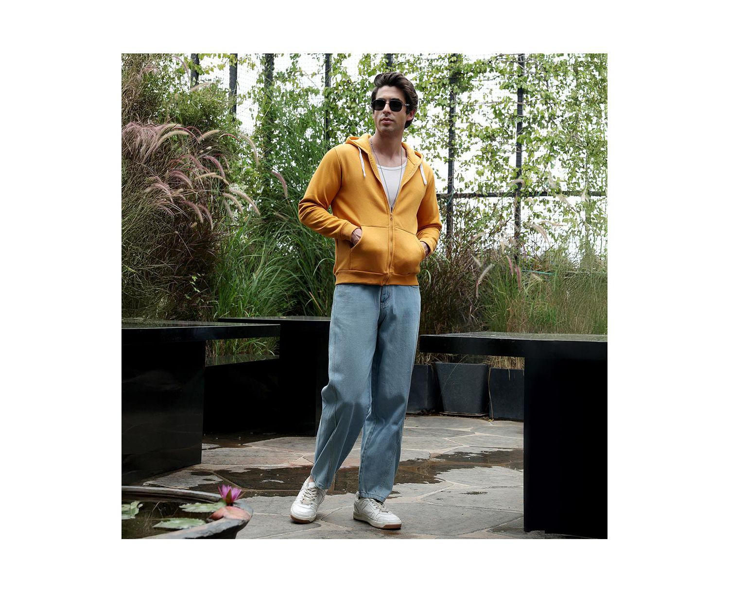 Men's Mustard Yellow Zip-Front Regular Hoodie