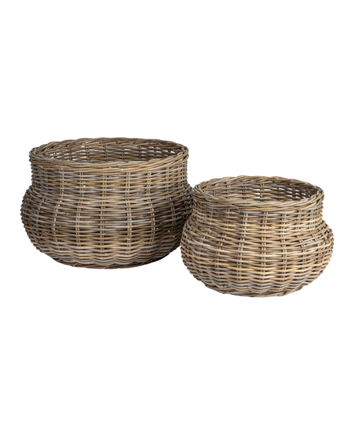 Storied Home Round Hand-Woven Rattan Round Planters, Grey, Set of 2