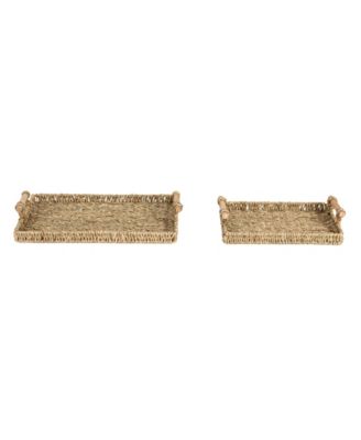 Handwoven Seagrass Rectangular Tray Set with Wood Handles, Natural, Set of 2