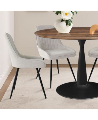 5-Piece Dining Table Set with Round Walnut Table, Metal Base and Upholstered Chairs for Space-Saving Kitchen Use