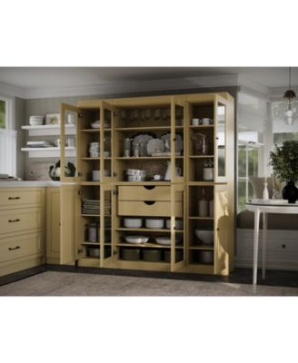 100% Solid Wood Pantry China Cabinet, Clear Glass & Shaker Doors, 2 Drawers, Adjustable Shelves, 65" Wide, 71.5" Tall