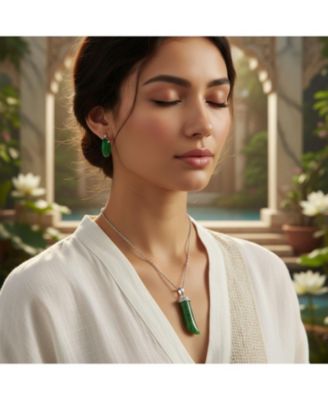 Italian Horn Green Narutal Jade Pendant Necklace and Tube Hoop Earrings Jewelry Set Sterling Silver