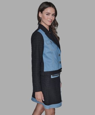Women's Front Button Tweed and Denim Blazer