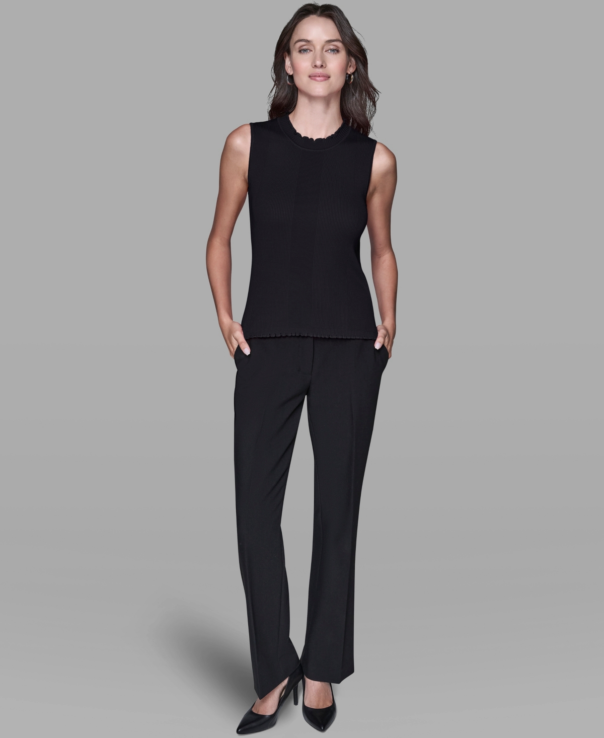 Karl Lagerfeld Paris Women's Ruffled Rib-Knit Sleeveless Top