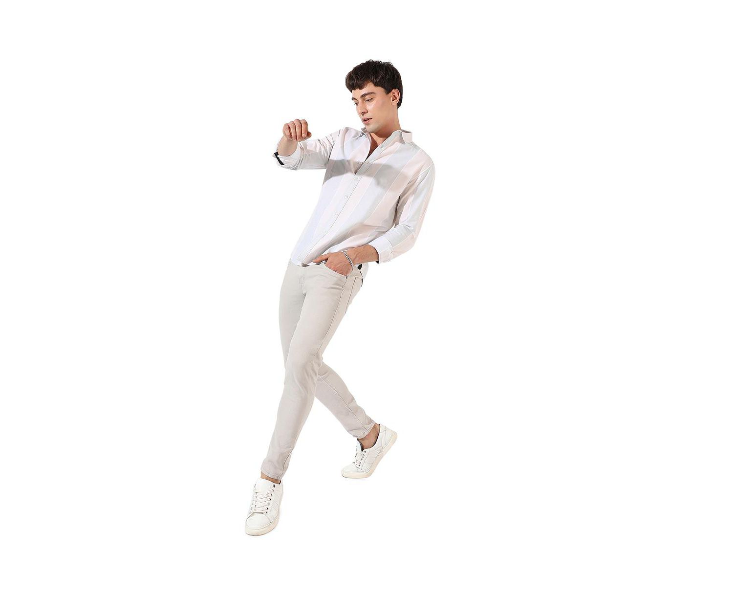 Men's White And Blue Striped Regular Fit Casual Shirt